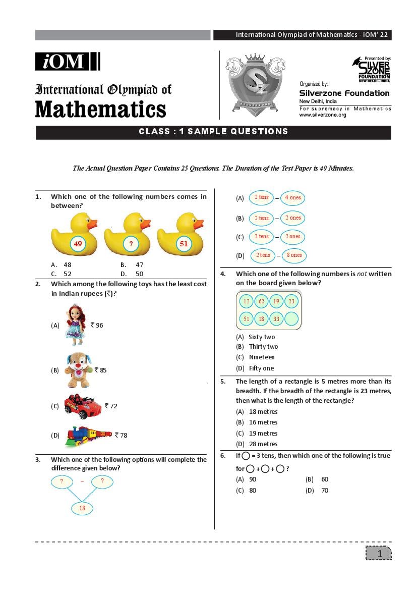 Silverzone Maths Olympiad Iom Sample Question Paper 2023 For Class 1