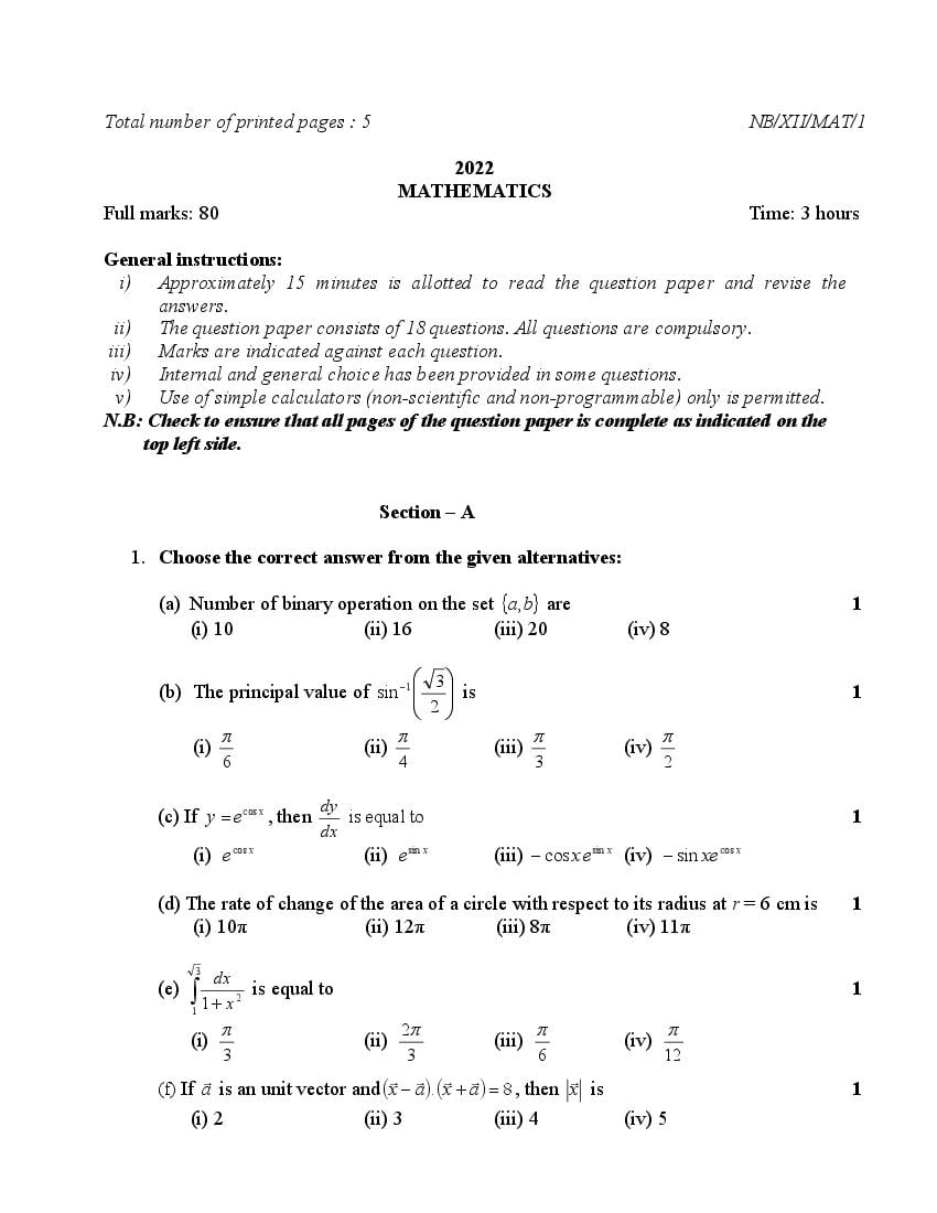 NBSE Class 12 Question Paper 2022 Mathematics - Page 1