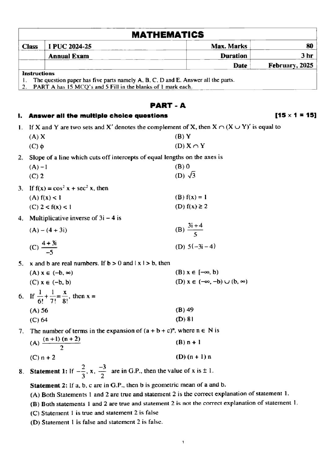 Karnataka 1st PUC Question Paper 2025 Mathematics - Page 1 of 4