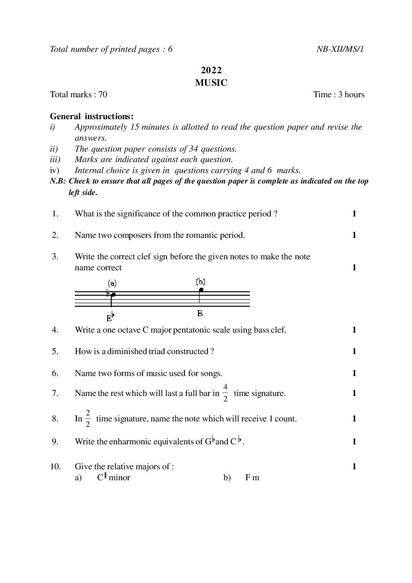 NBSE Class 12 Question Paper 2022 Music - Page 1