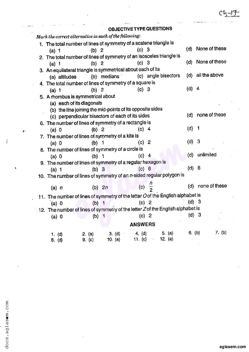 RD Sharma Solutions Class 6 Maths Chapter 17 Symmetry MCQ - Page 1