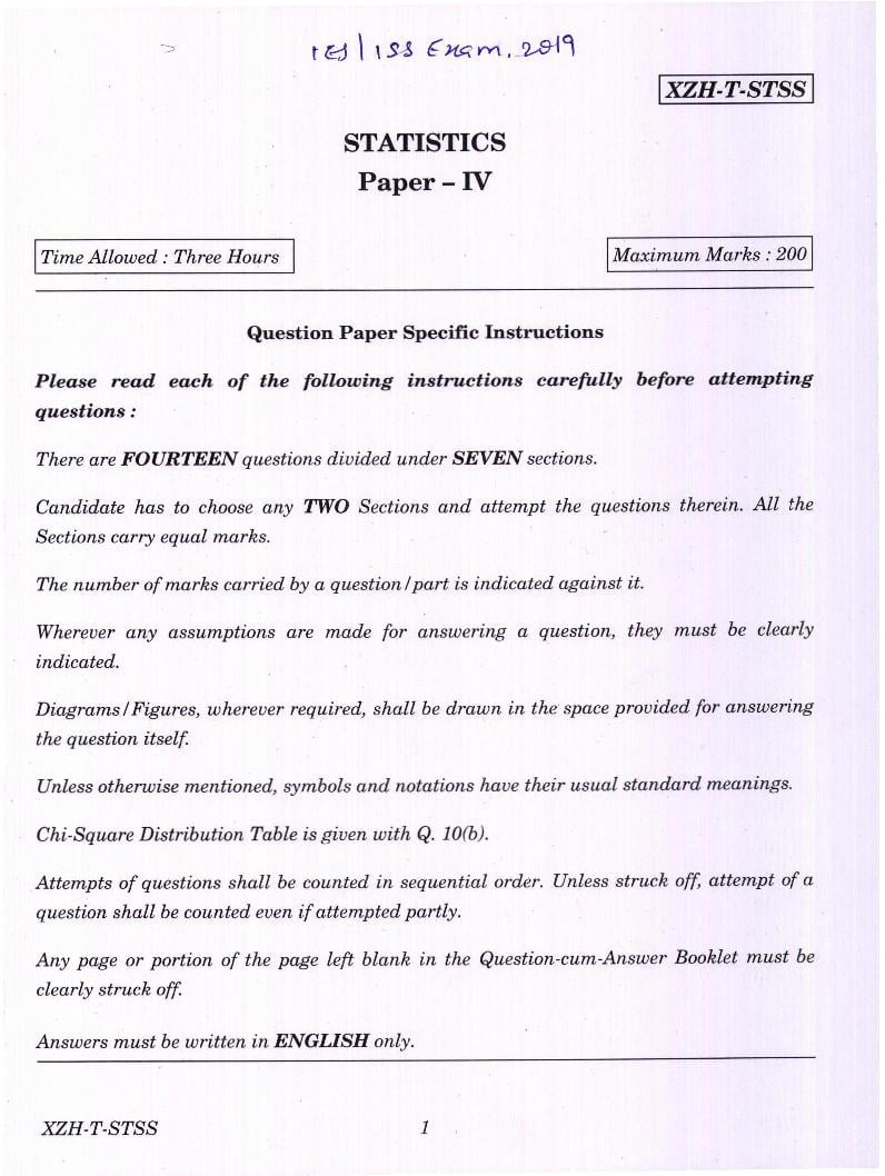 UPSC IES ISS 2019 Question Paper for Statistics Paper-IV - Page 1