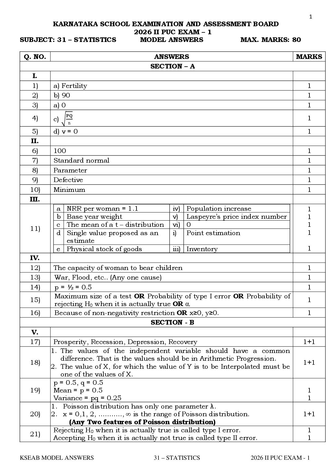 Karnataka 2nd PUC Question Paper 2026 Answer Key Statistics - Page 1 of 4
