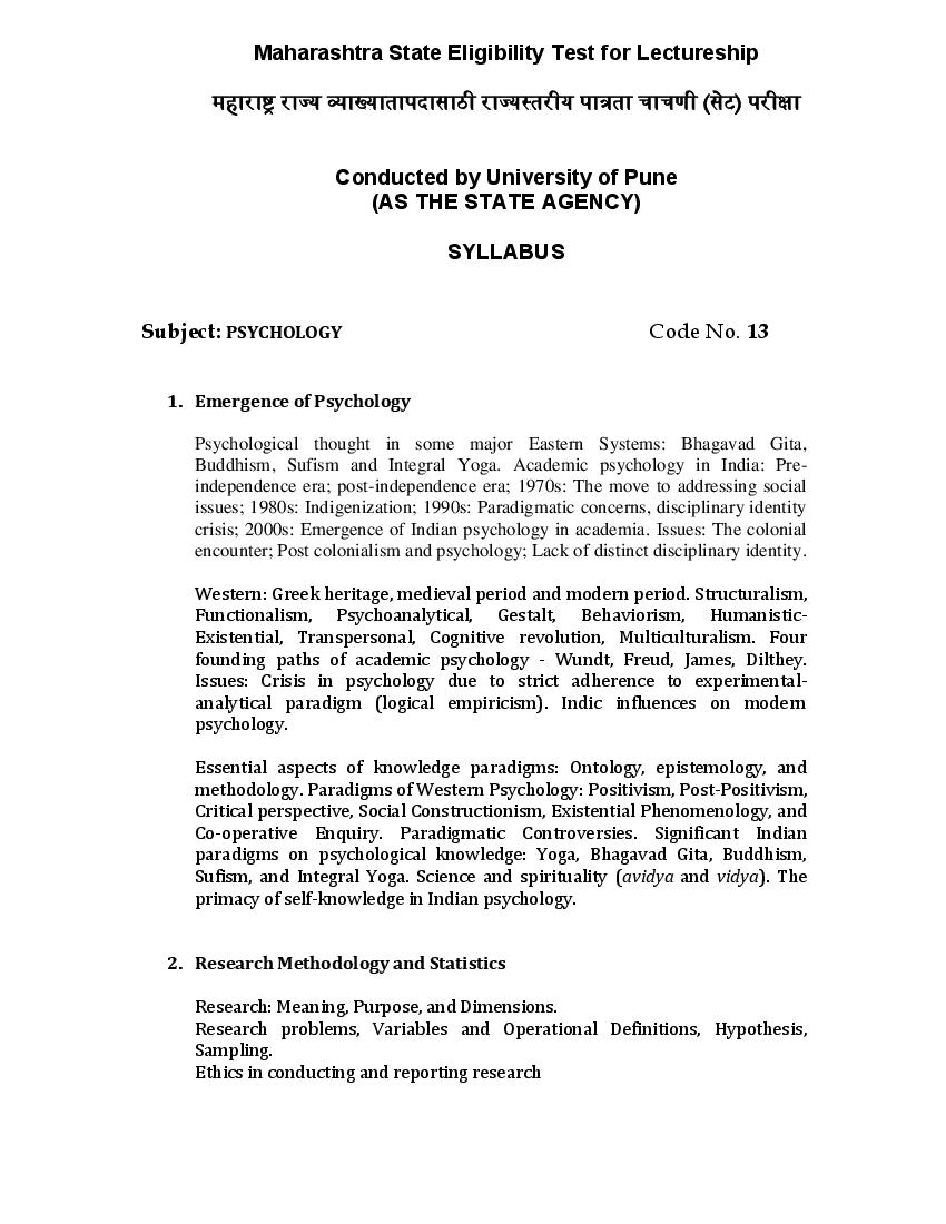MAHA SET 2020 Syllabus Psychology - Page 1 of 6
