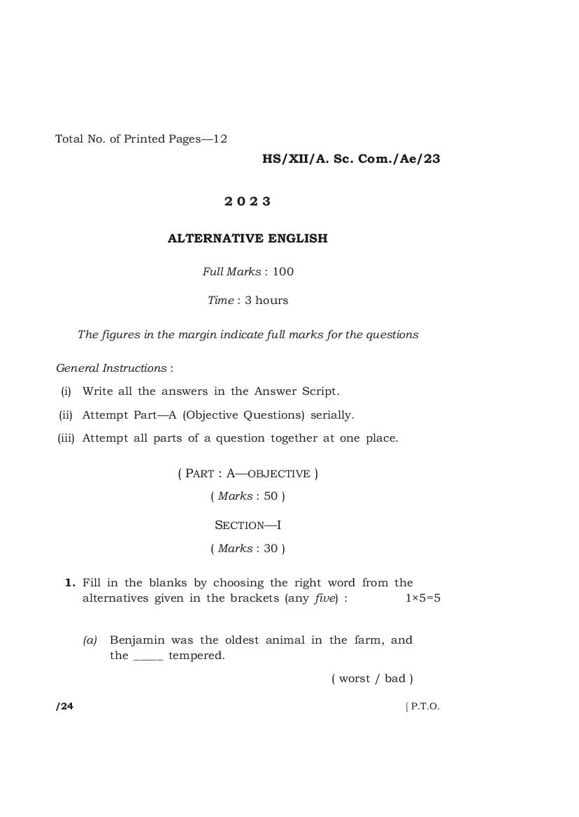 MBOSE Class 12 Question Paper 2023 for English Alternative - Page 1