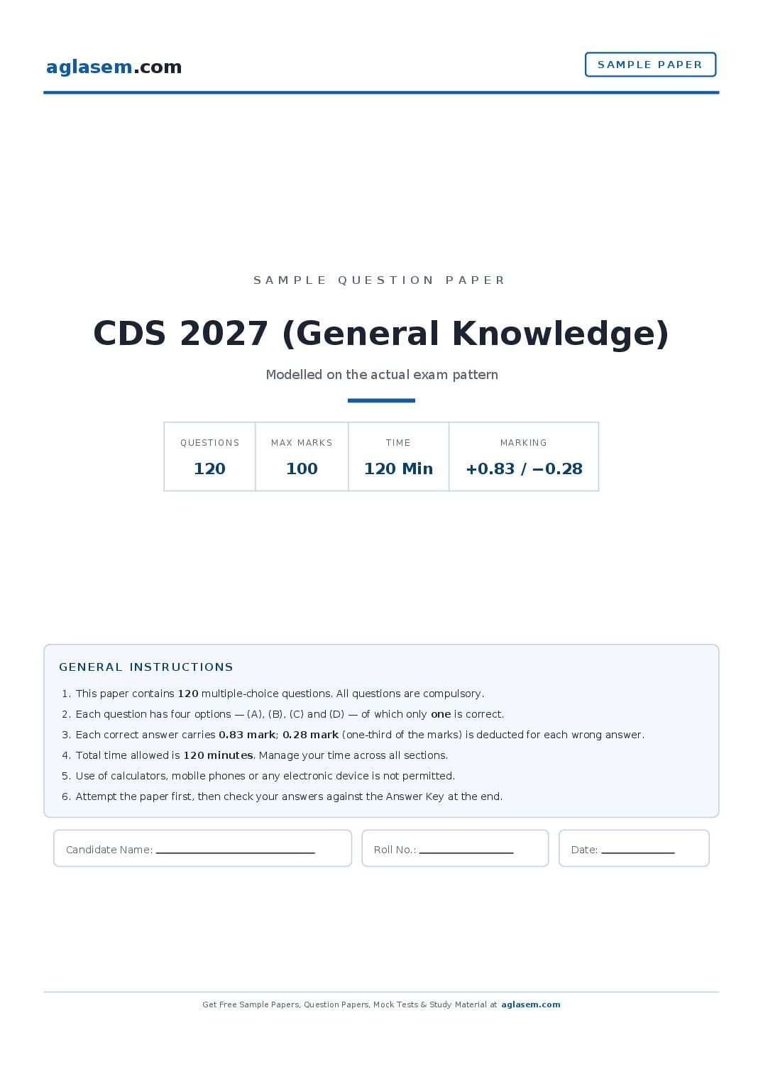 CDS 2027 Sample Paper (General Knowledge) - Page 1 of 16