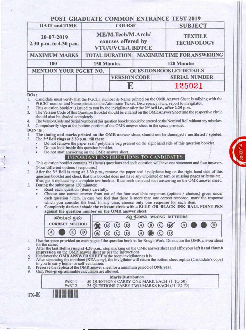 Karnataka PGCET 2019 Question Paper Textile Technology - Page 1 of 16