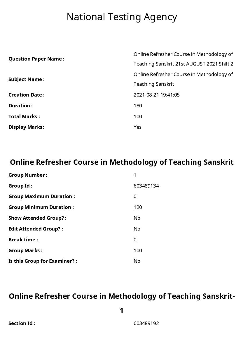 ARPIT 2021 Question Paper for Online Refresher Course in Methodology of Teaching Sanskrit - Page 1 of 52