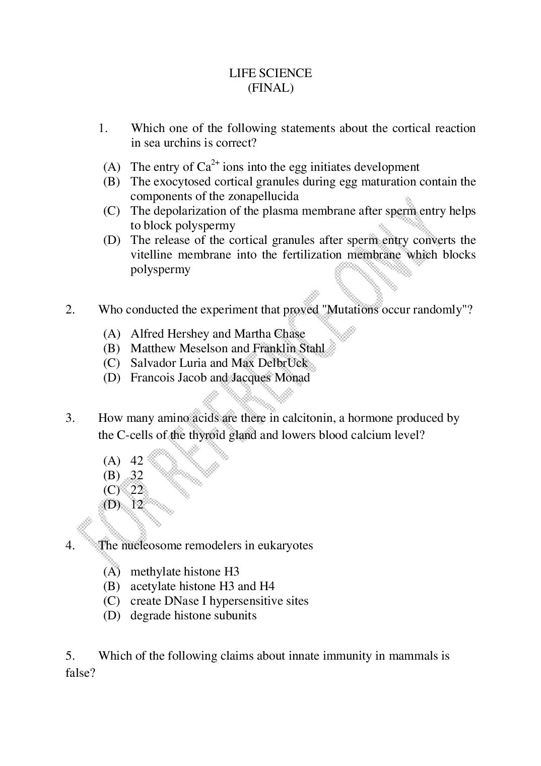 CUSAT CAT 2025 Question Paper Life Science - Page 1 of 43