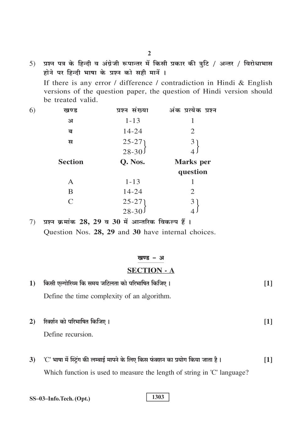 Rajasthan Board 12th Class Question Paper 2019 Information Technology