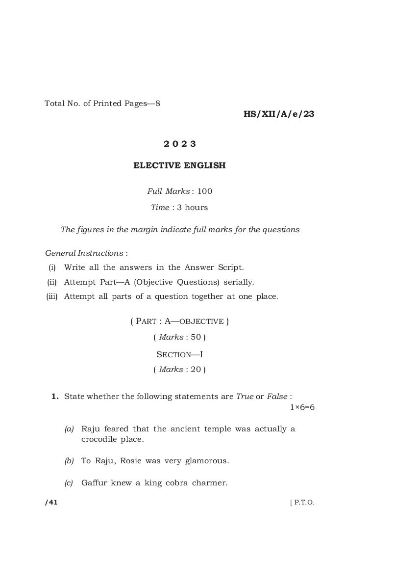 MBOSE Class 12 Question Paper 2023 For English Elective