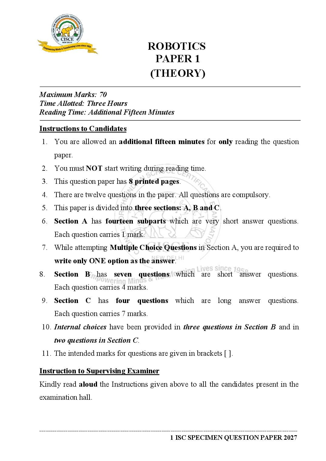 ISC Class 12 Sample Paper 2027 Robotics - Page 1 of 15