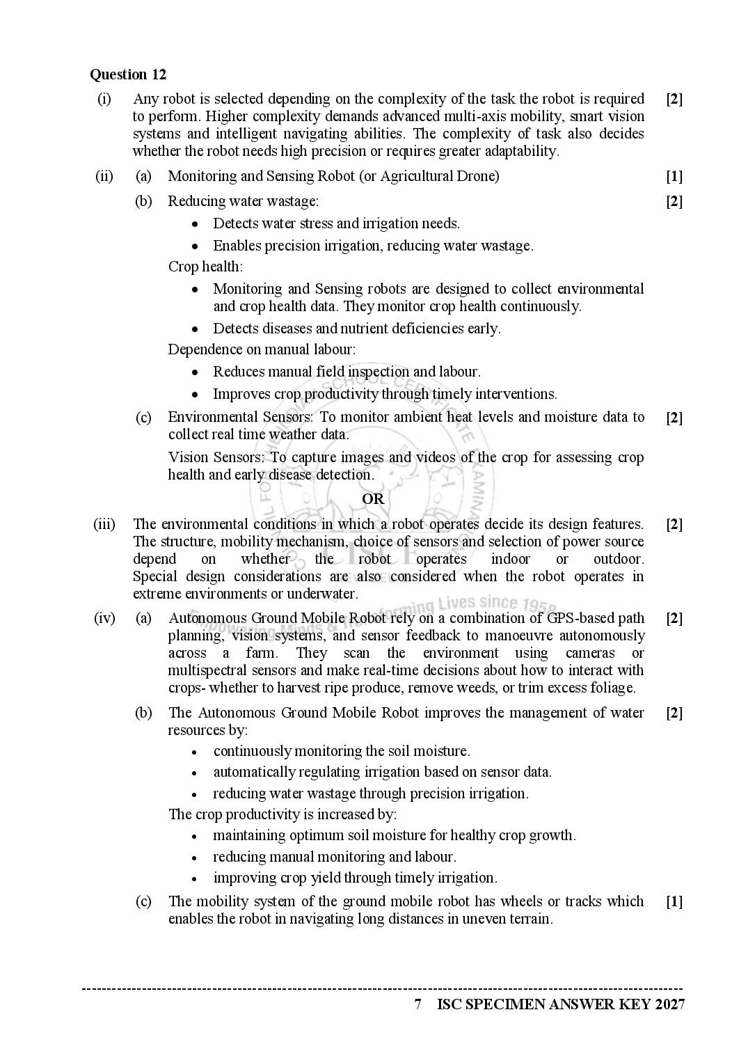ISC Class 12 Robotics Specimen Paper 2027 (PDF)