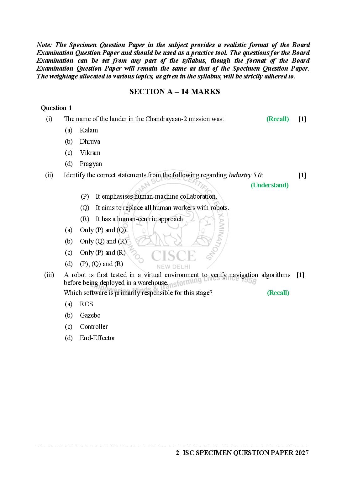 ISC Class 12 Robotics Specimen Paper 2027 (PDF)