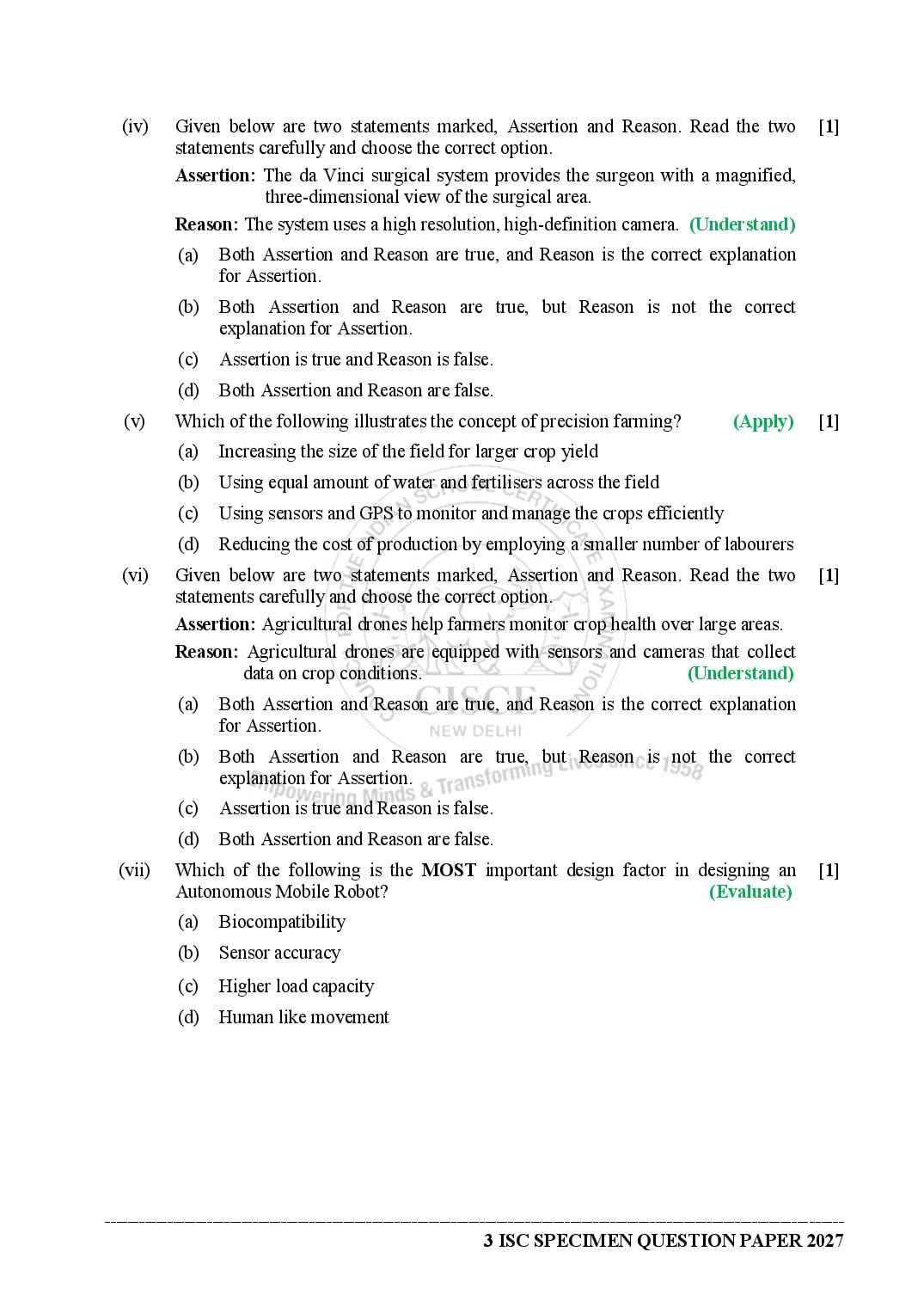 ISC Class 12 Robotics Specimen Paper 2027 (PDF)