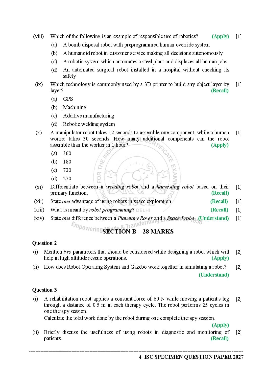 ISC Class 12 Robotics Specimen Paper 2027 (PDF)