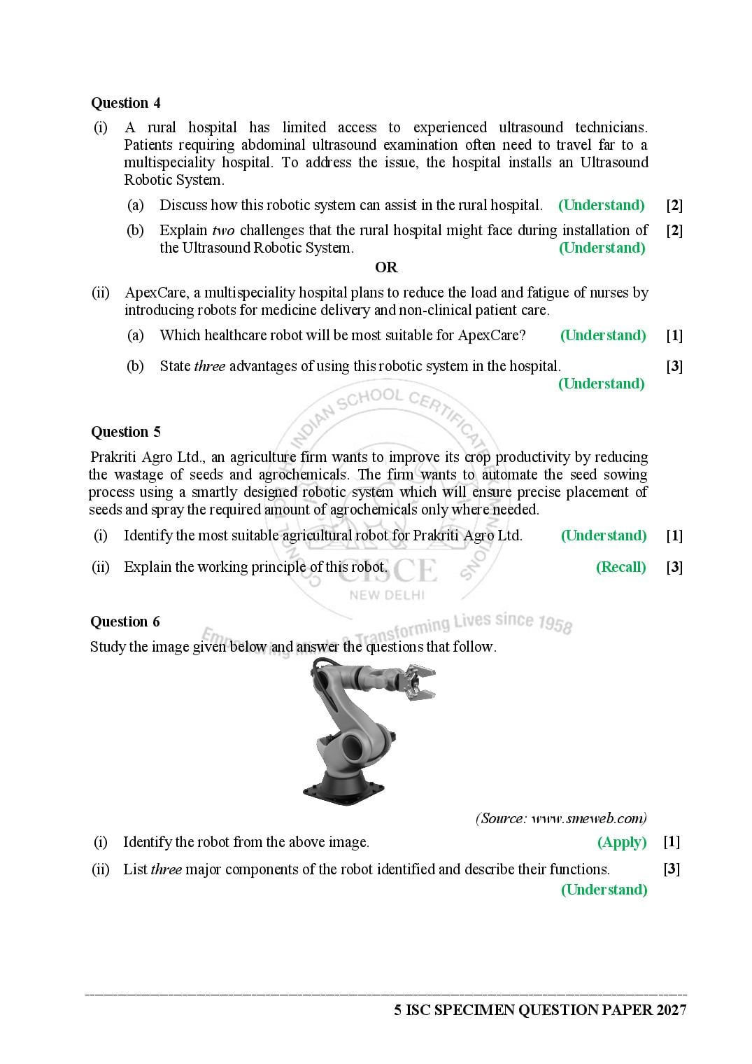 ISC Class 12 Robotics Specimen Paper 2027 (PDF)