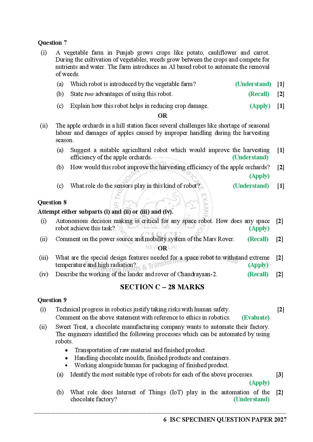 ISC Class 12 Robotics Specimen Paper 2027 (PDF)