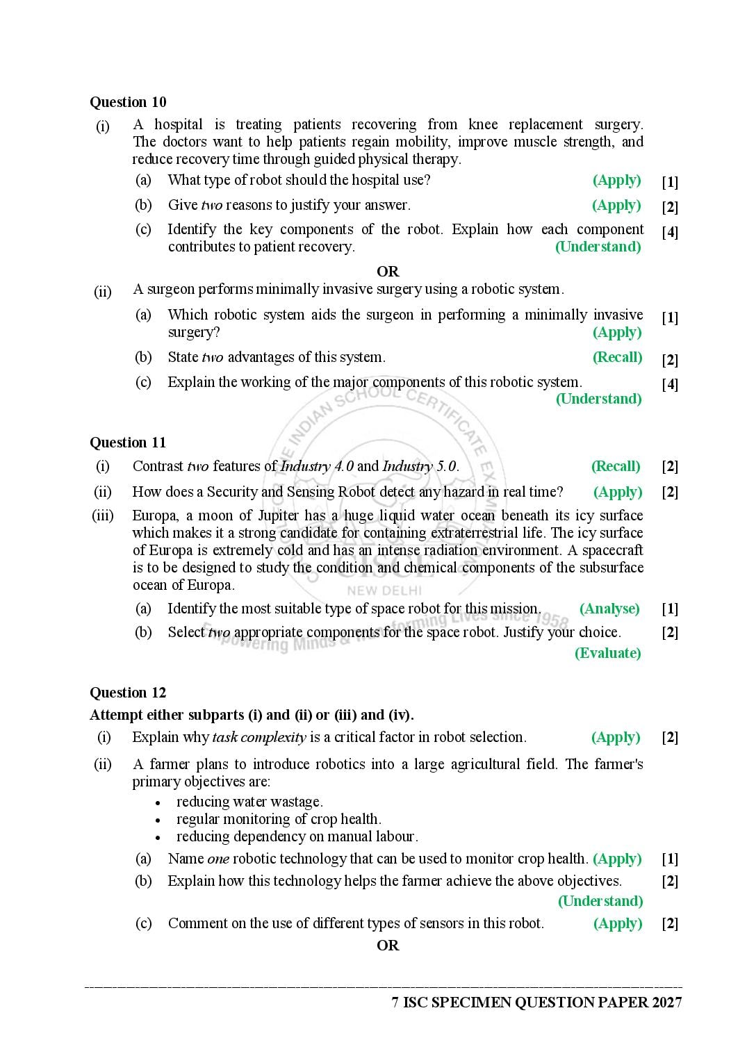 ISC Class 12 Robotics Specimen Paper 2027 (PDF)