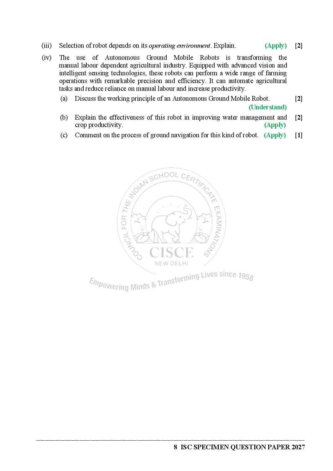 ISC Class 12 Robotics Specimen Paper 2027 (PDF)