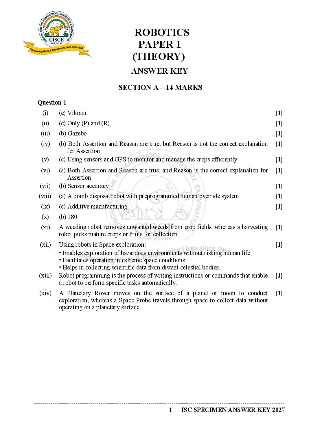 ISC Class 12 Robotics Specimen Paper 2027 (PDF)
