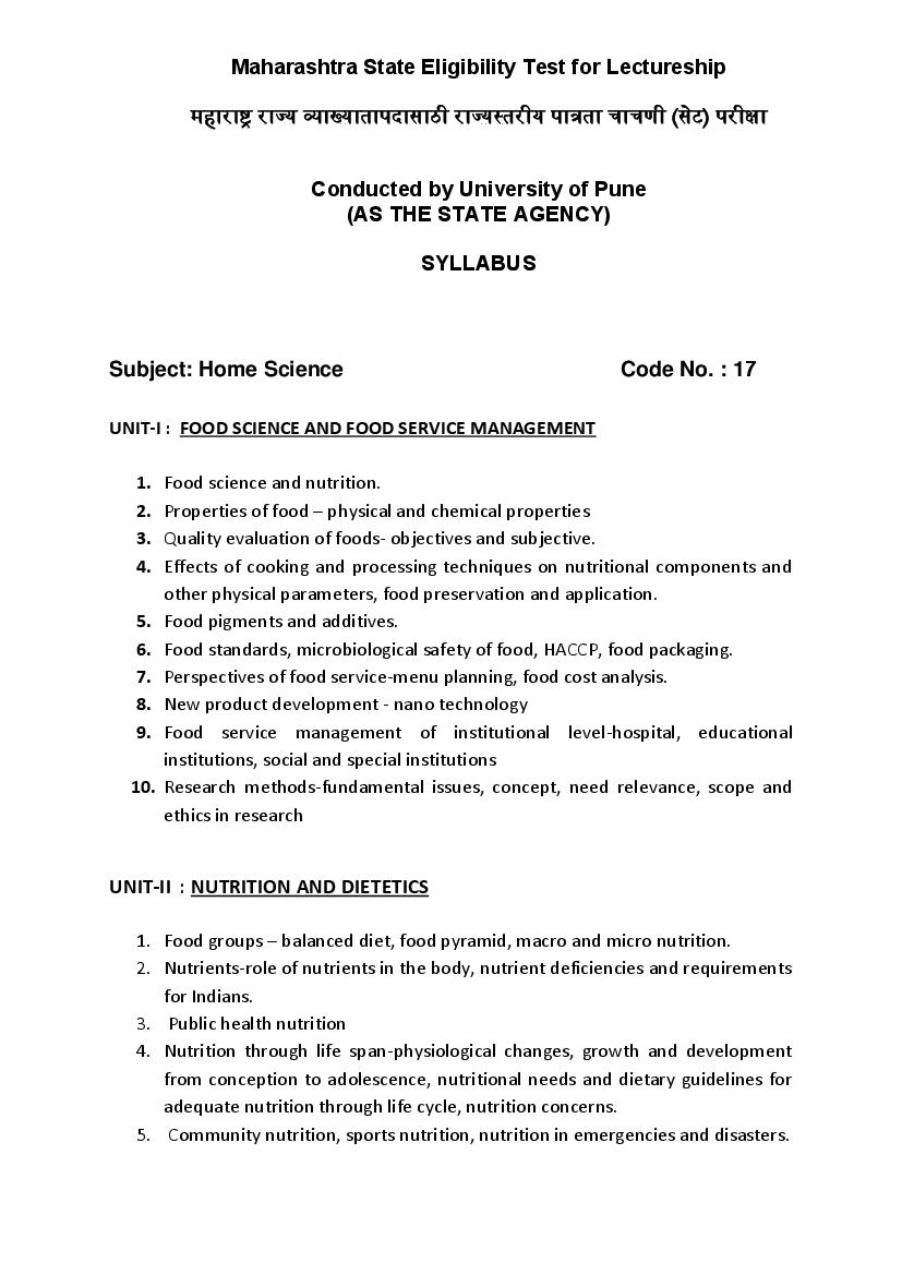 MAHA SET 2020 Syllabus Home Science - Page 1 of 6