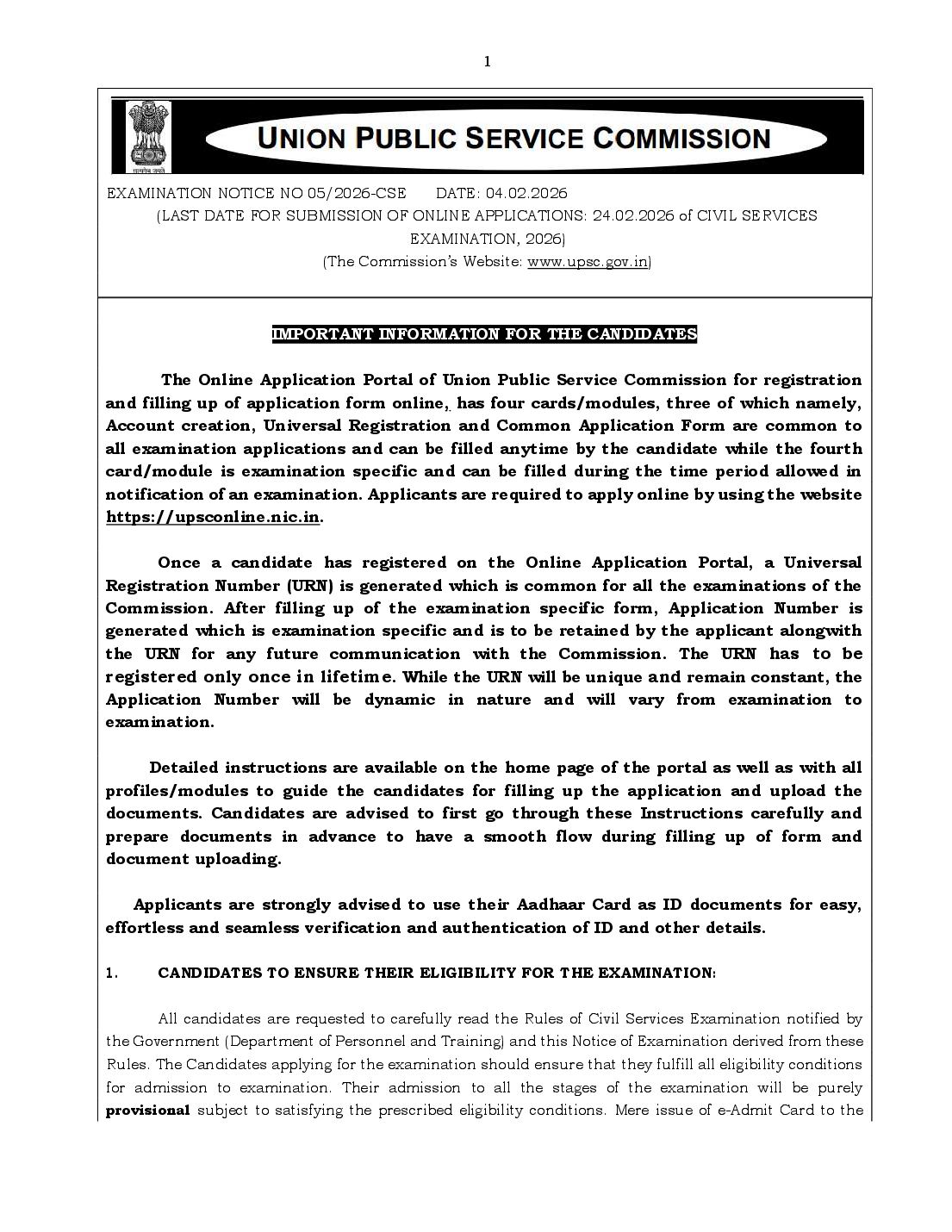 UPSC Civil Services (Prelims) 2026 Notification - Page 1 of 159