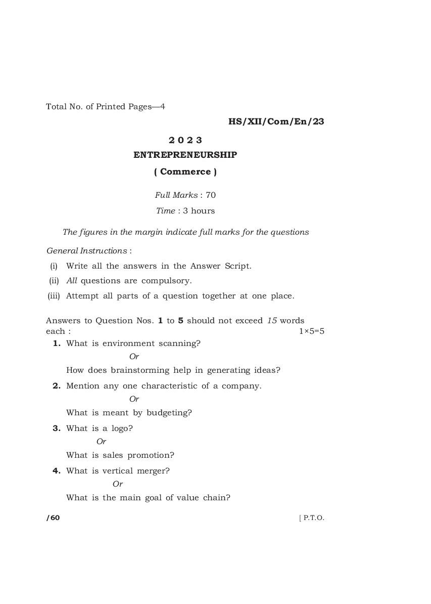 MBOSE Class 12 Question Paper 2023 for Entrepreneurship - Page 1