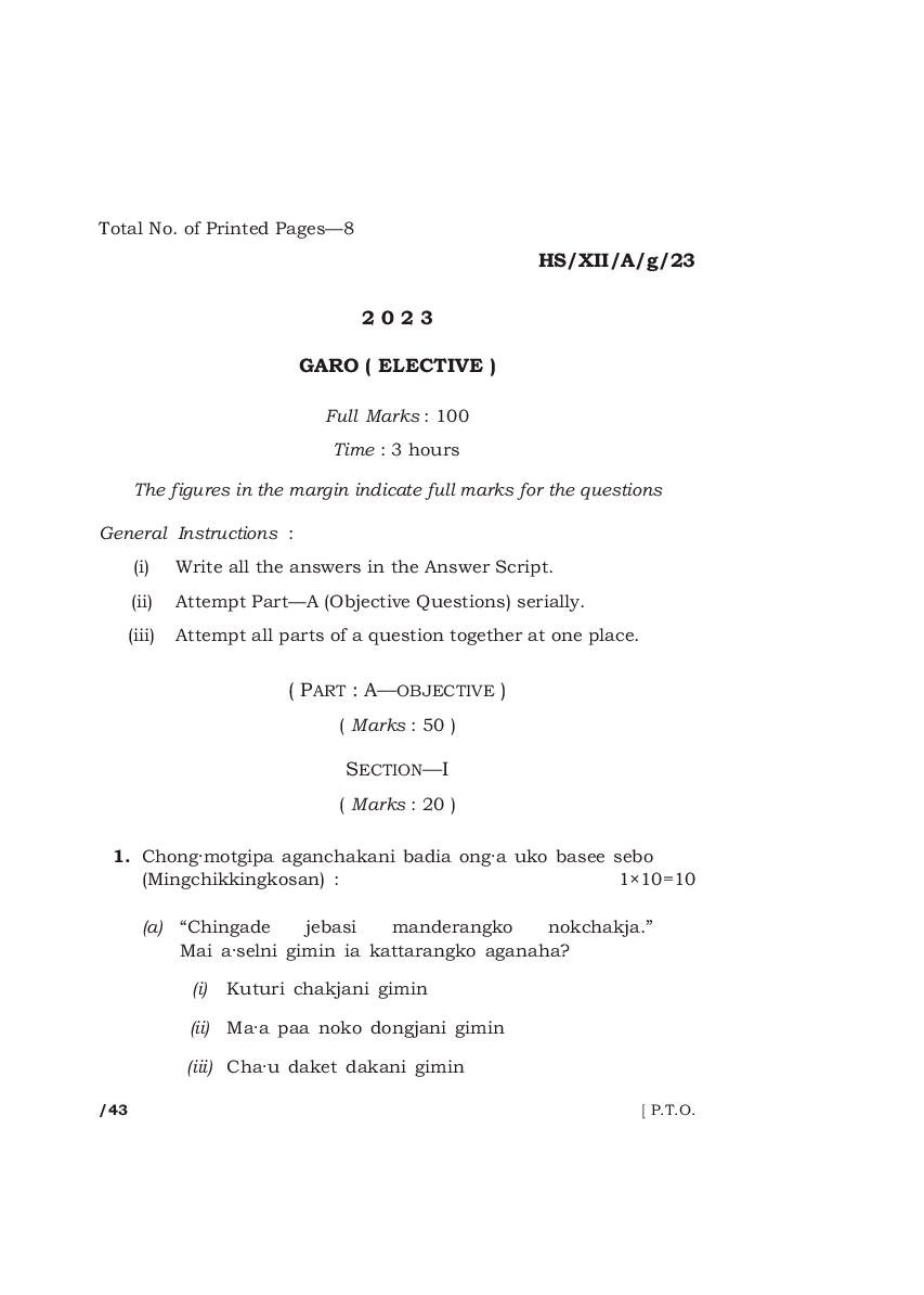 MBOSE Class 12 Question Paper 2023 for Gari Elective - Page 1
