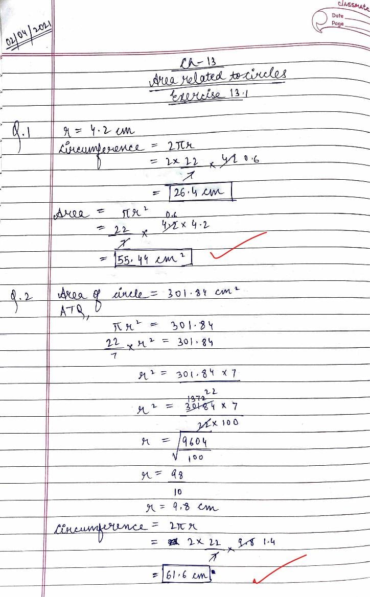 RD Sharma Solutions Class 10 Chapter 13 Areas Related to Circles Exercise 13.1 - Page 1