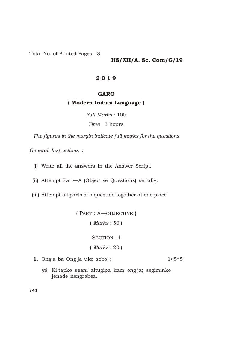 MBOSE Class 12 Question Paper 2019 for Garo - Page 1