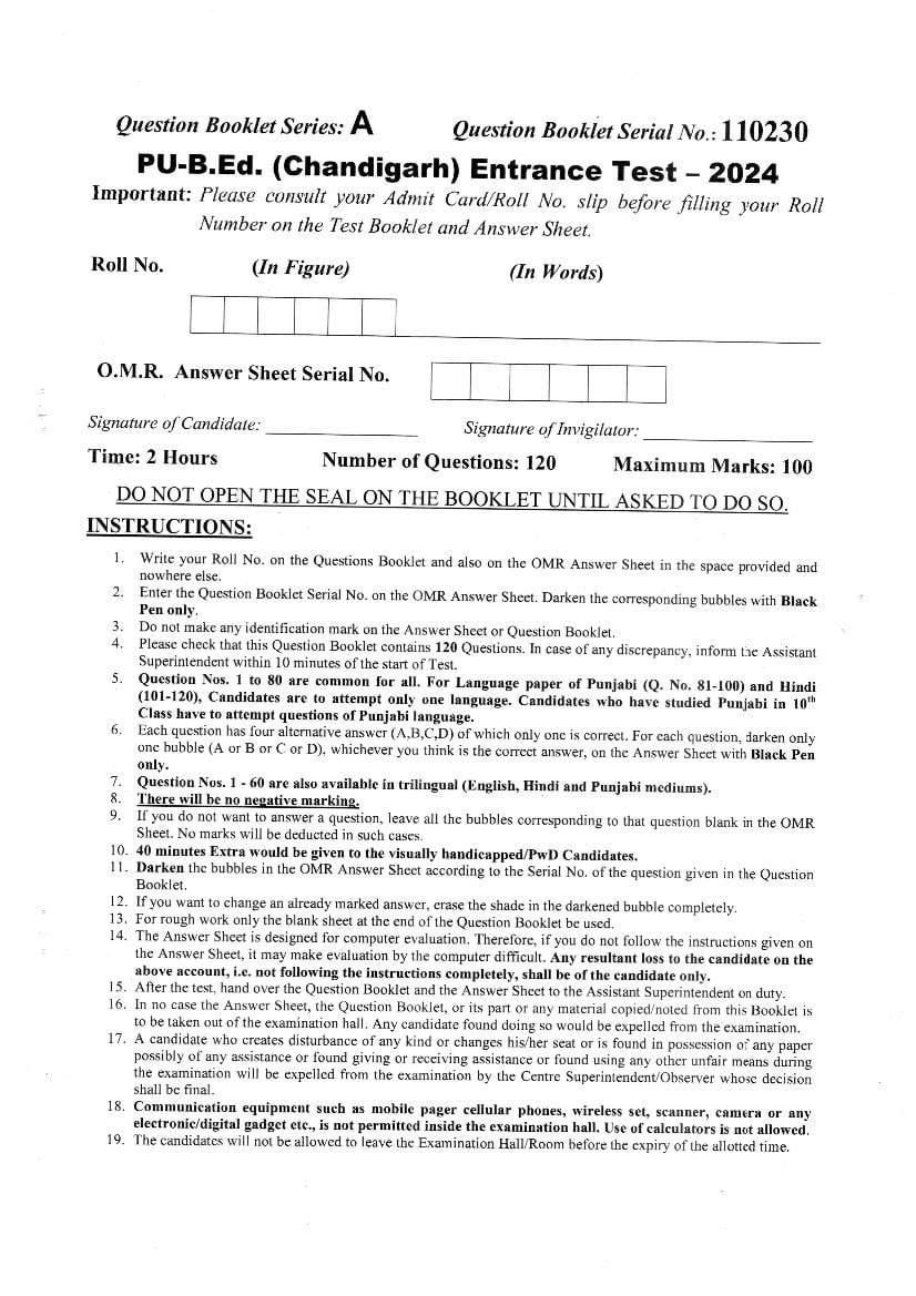 Chandigarh B.Ed 2024 Question Paper - Page 1 of 24