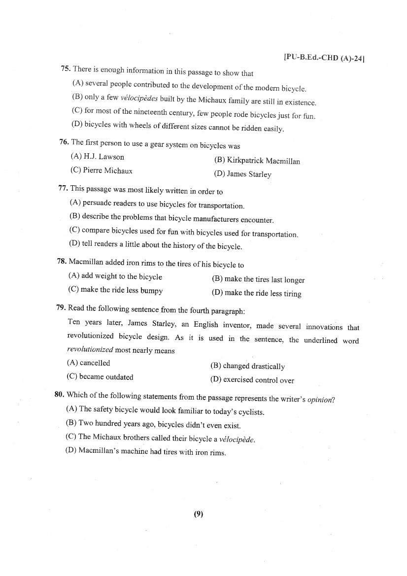 Chandigarh B.Ed 2024 Question Paper PDF with Answer Key