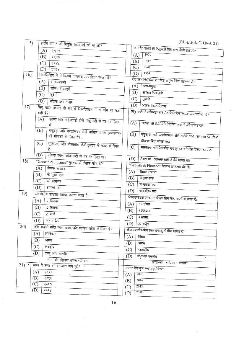Chandigarh B.Ed 2024 Question Paper PDF with Answer Key