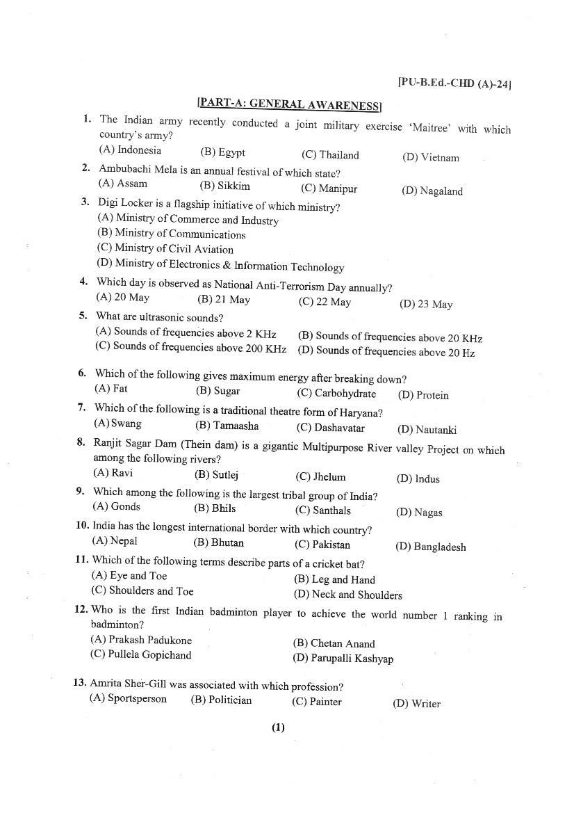 Chandigarh B.Ed 2024 Question Paper PDF with Answer Key