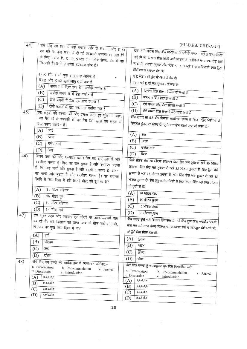 Chandigarh B.Ed 2024 Question Paper PDF with Answer Key