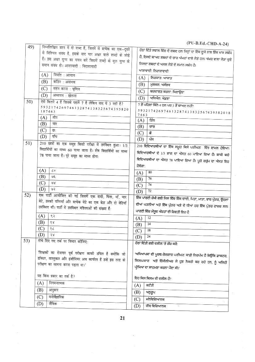 Chandigarh B.Ed 2024 Question Paper PDF with Answer Key