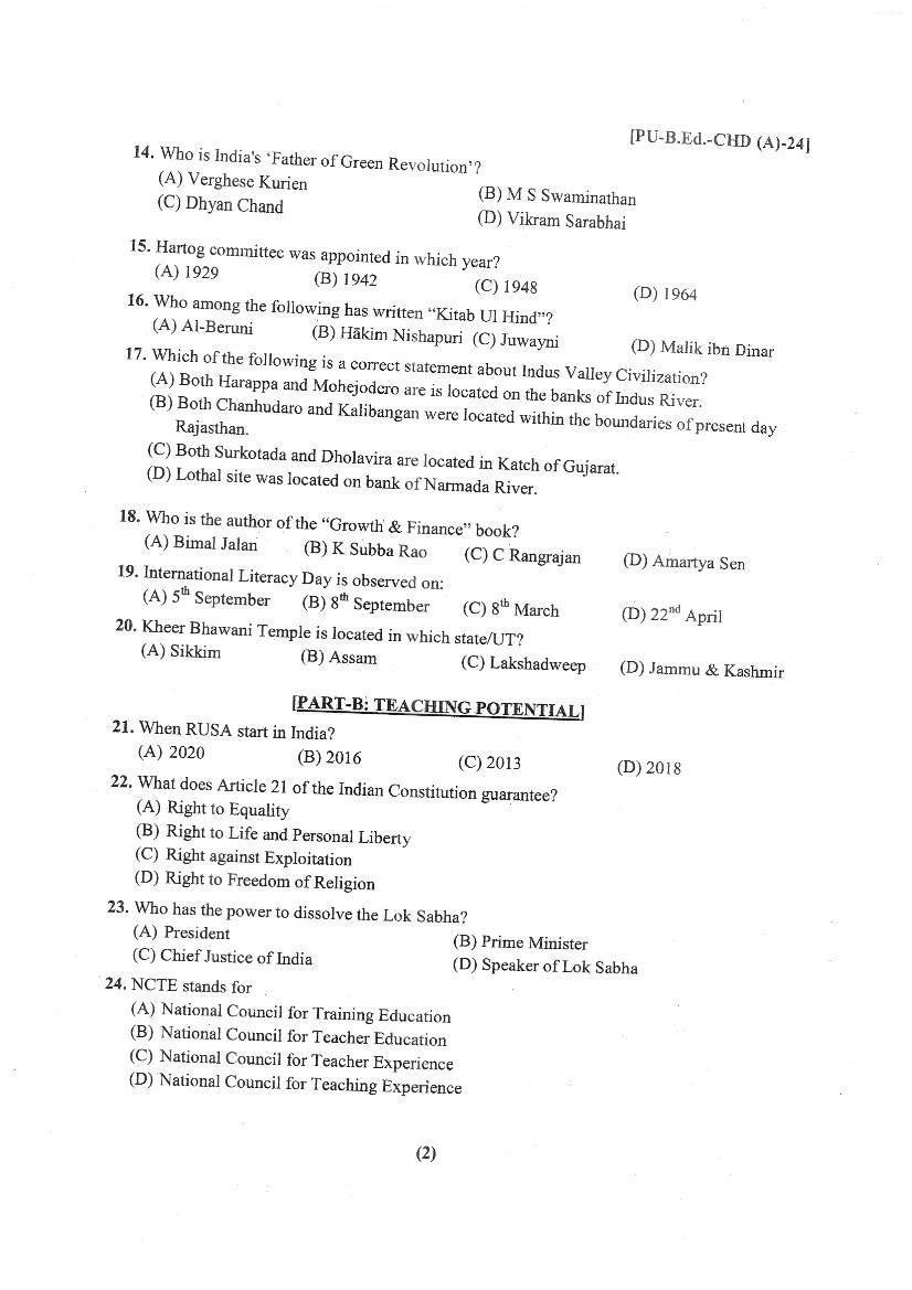 Chandigarh B.Ed 2024 Question Paper PDF with Answer Key