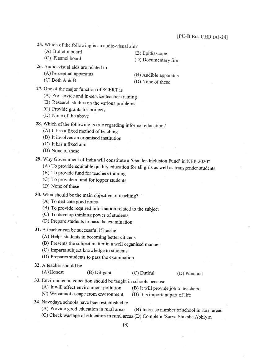 Chandigarh B.Ed 2024 Question Paper PDF with Answer Key