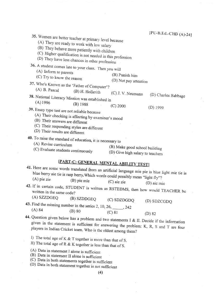 Chandigarh B.Ed 2024 Question Paper PDF with Answer Key