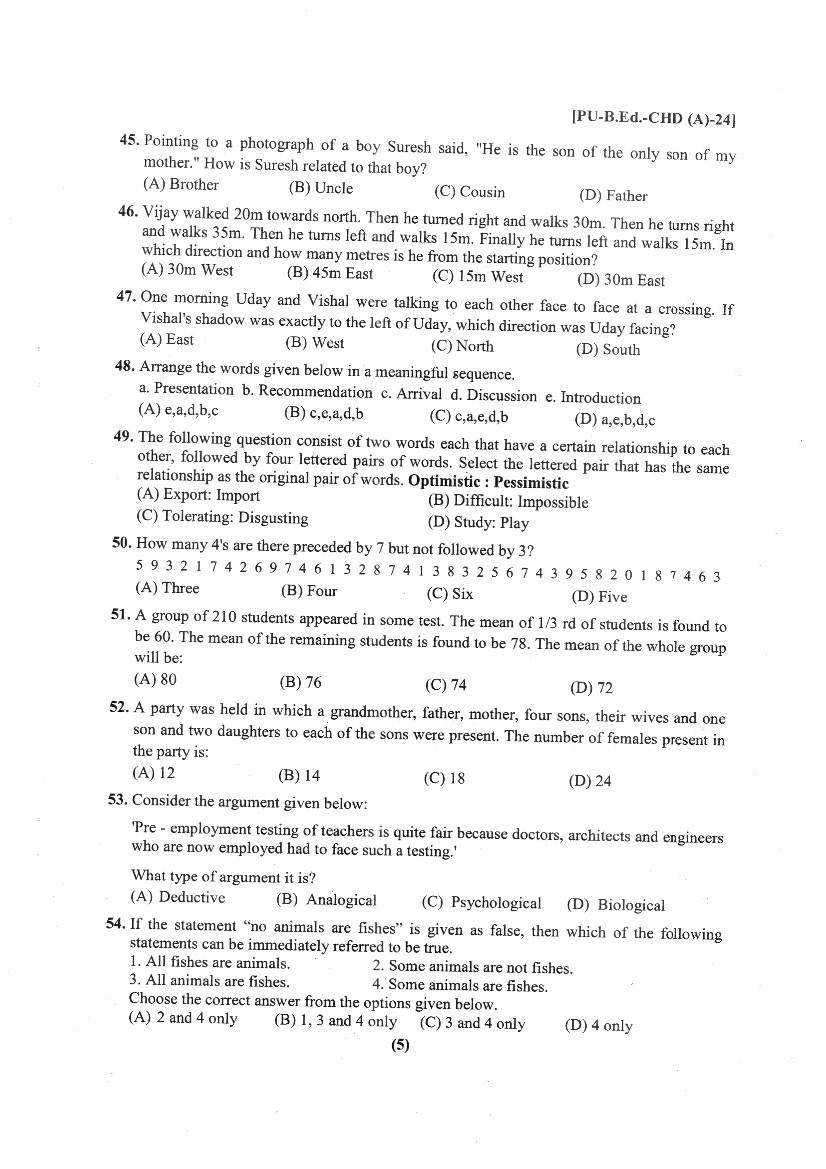Chandigarh B.Ed 2024 Question Paper PDF with Answer Key