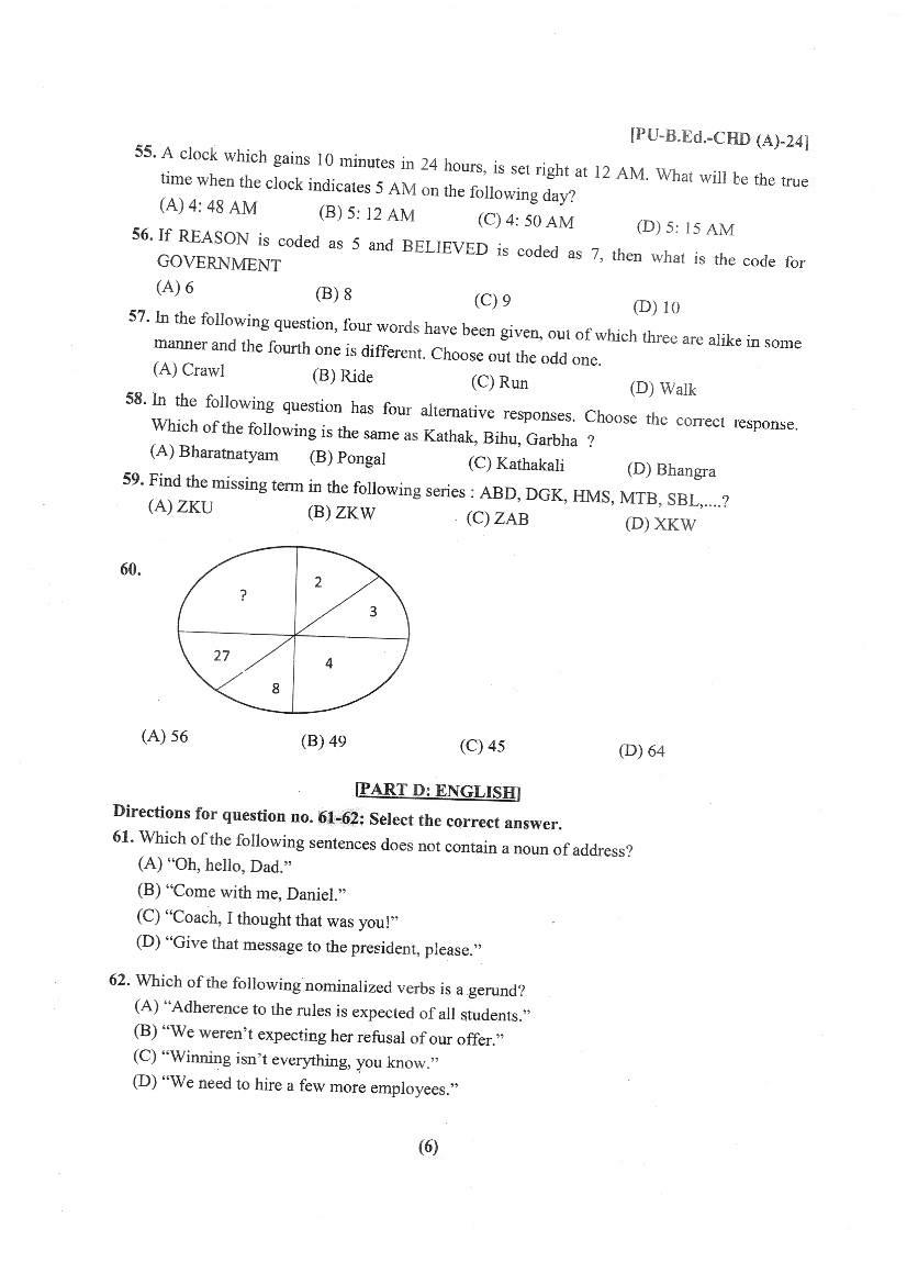 Chandigarh B.Ed 2024 Question Paper PDF with Answer Key