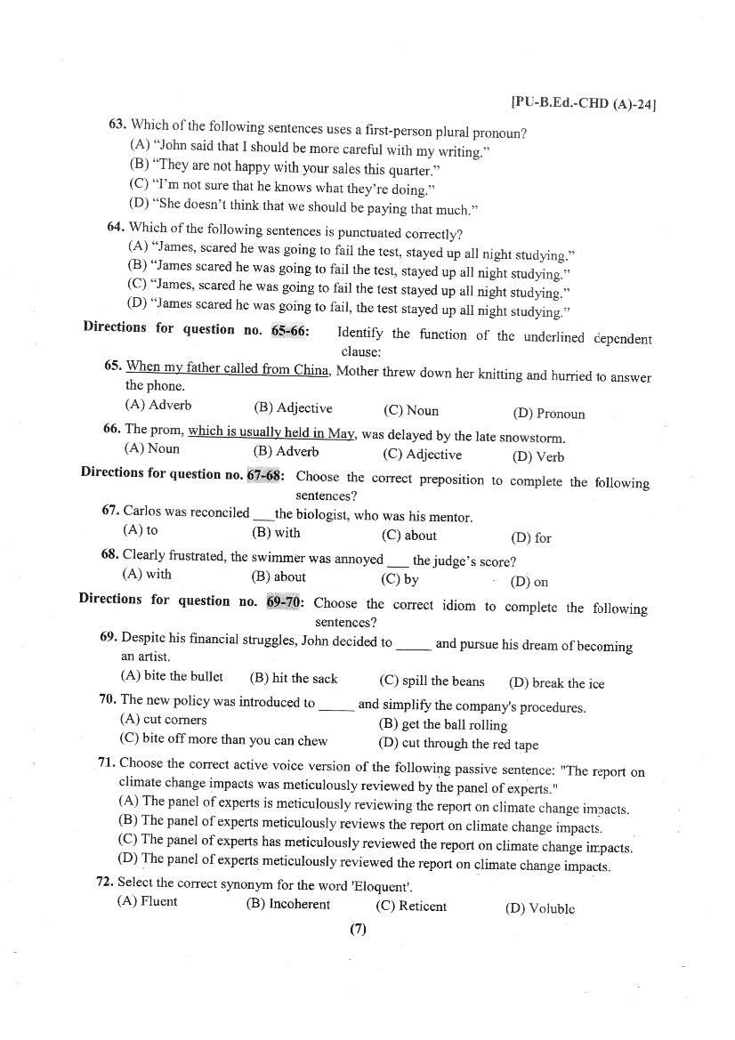Chandigarh B.Ed 2024 Question Paper PDF with Answer Key