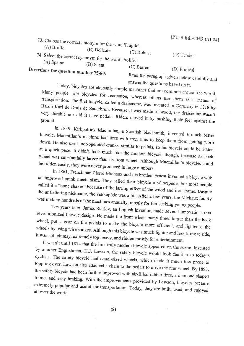 Chandigarh B.Ed 2024 Question Paper PDF with Answer Key