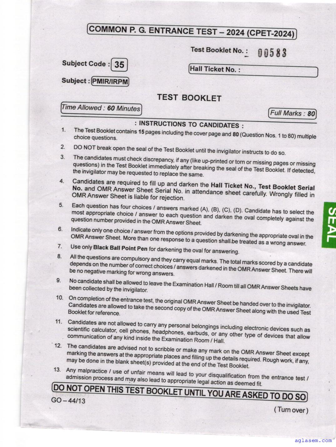 Odisha CPET 2024 Question Paper PMIR IRPM - Page 1 of 16