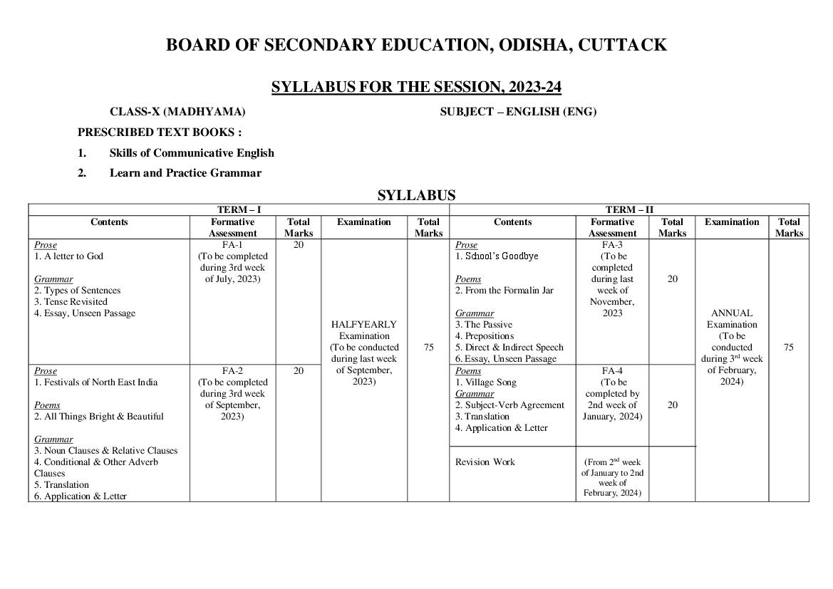 Odisha Board Class 10 Syllabus 2024 (Madhyama) - Page 1