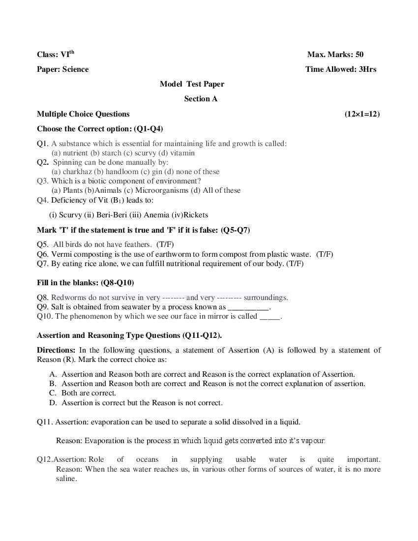 JKBOSE 6th Class Model Paper 2024 Science - Page 1
