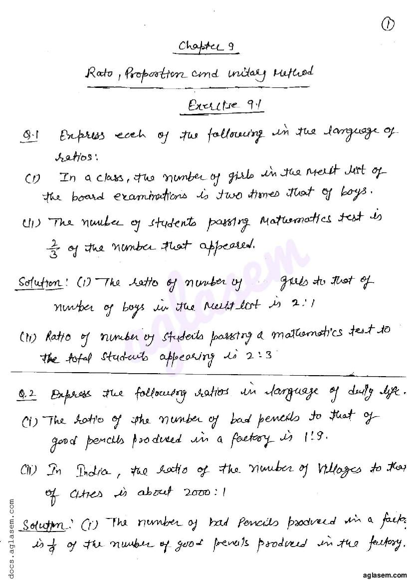 RD Sharma Solutions Class 6 Maths Chapter 9 Ratio, Proportion and Unitary Method Exercise 9.1 - Page 1