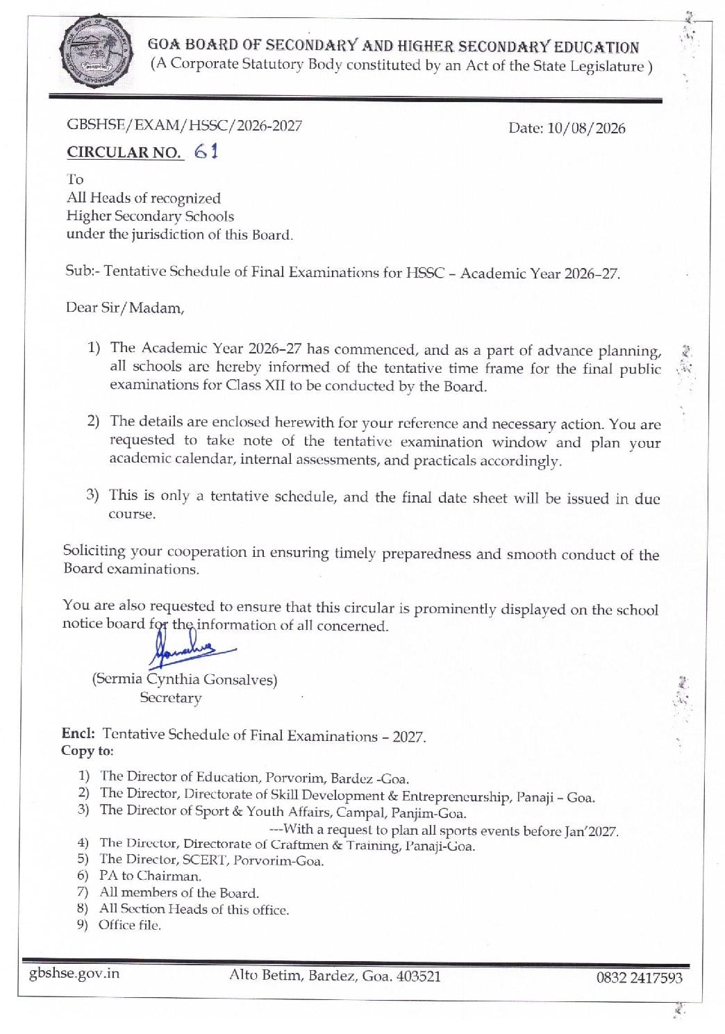 Goa HSSC Time Table 2027 (Tentative) - Page 1 of 6