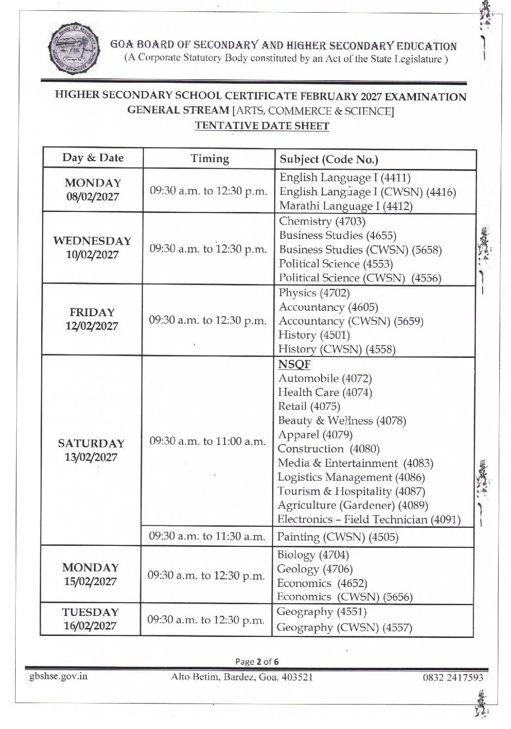 Goa Board 12th Time Table 2027 (Out) – GBSHSE Class 12 Exam Date PDF